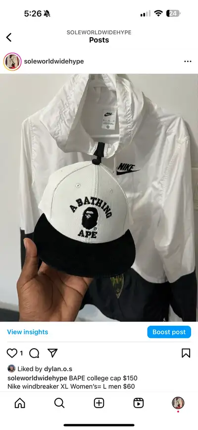 BAPE college cap $150 Nike windbreaker XL Women’s= L men $60 IG: @SoleWorldWideHype