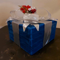Blue Box With Silver Ribbon, Pine Cone, & Flower  Lighted Box