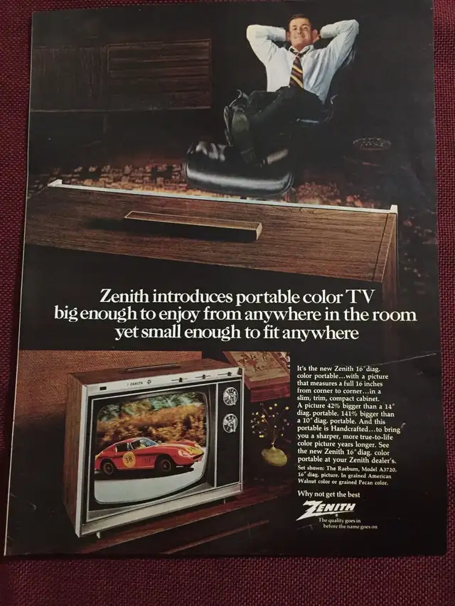 1969 Zenith Portable Color TV w/Ferrari Race Car Original Ad | Arts ...