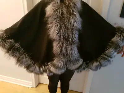 Silver fox cashmere Cape. brand new. Made in Canada. For sale $650.00. Ladies. Stretches out 215 inc...