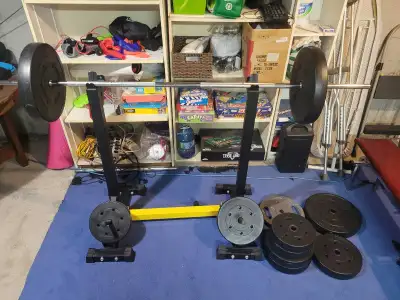 weights with bar bell and squat rack/bench, View more