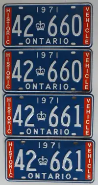 VINTAGE LOT of 2 PAIRS of 1971 HISTORIC ONTARIO LICENSE PLATES