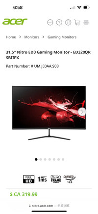 31.5’’ Nitro ED0 Acer gaming monitor
