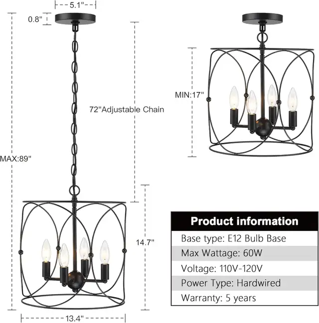 Untrammelife 4-Light Black Chandelier Pendant in Indoor Lighting & Fans in Mississauga / Peel Region - Image 7