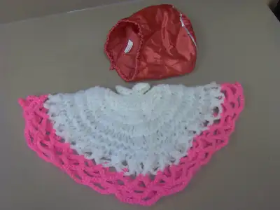 Vintage handmade Barbie poncho in Barbie drawstring bag, View more