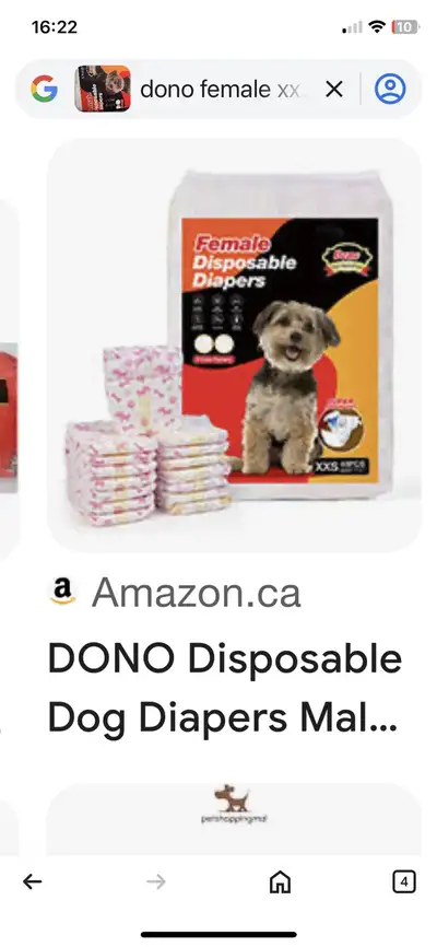 New, unopened package of Dono brand disposable dog diapers. Size XXS, fits waist 7-11 inches. 48 dia...