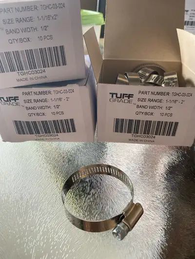 I am selling Tuff Grade hose clamps with a size range of 1-1/16" to 2" and a band width of 1/2". Eac...