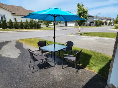 patio table, chairs and umbrella, View more