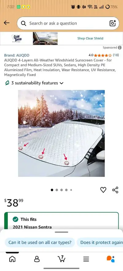 Car windshield cover - protects from sun, snow, and ice. Keeps your interior cool in summer and make...