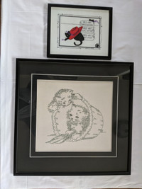 Framed Embroidery Artwork x2 Cat Themed