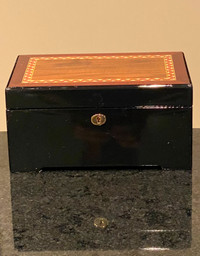 Vintage Italian Exotic Wood Inlay with Black Enamel Jewelry Box