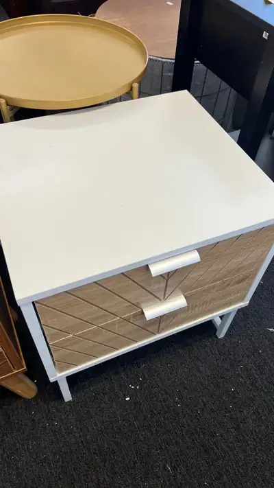 Modern Bedside Table with 2 Drawers and Steel Frame, Sofa Side Table for Bedroom Living Room, White...