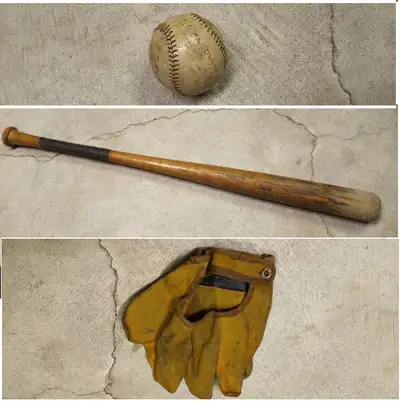 Antique Baseball Bat, Glove, and Softball, View more