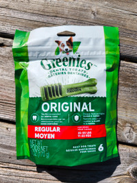 New sealed package of Greenies dog dental chews.