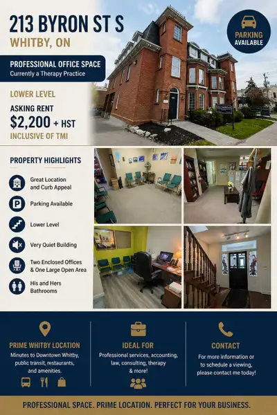 This professional lower-level office space in the heart of Whitby offers a prime location perfect fo...