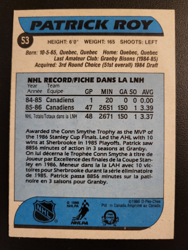 Patrick Roy O-Pee-Chee #53 Rookie Card in Mint Condition in Arts & Collectibles in Mississauga / Peel Region - Image 4
