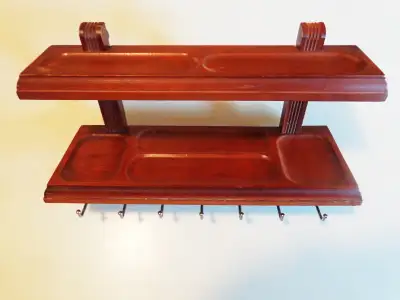 VINTAGE ! WOODEN  WALNUT WALL TIE RACK WITH 2 SHELVES, View more