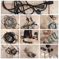 HDMI, RCA, aux, speaker, cat6, VGA, power, micro USB cables