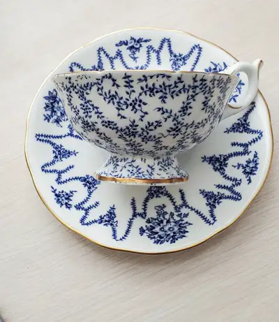 Coalport Teacup & Saucer – Blue & White Floral with Gold Trim, View more