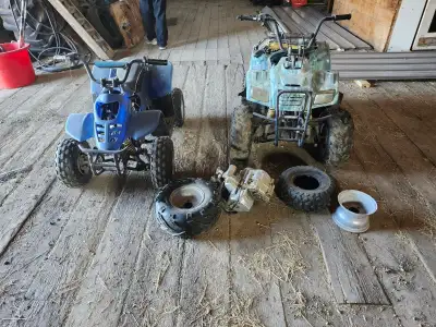2 quads, 110cc and 90cc. Not running, the 110cc is believed to be a plug wire. That one was running....