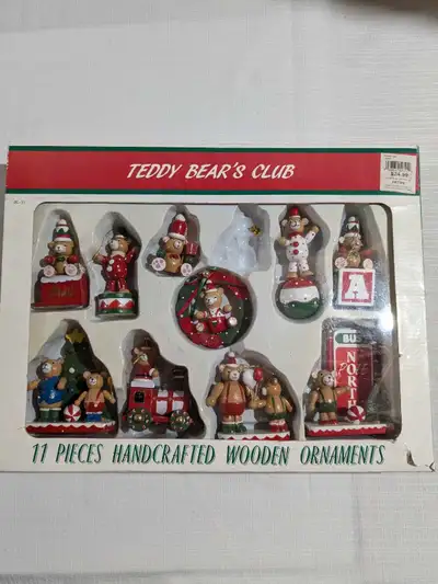 VTG 10 wooden tree ornaments teddy bear's club handcrafted , View more
