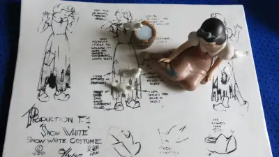 A figurine featuring the model sketches of Snow White, complimented with figurines of Snow White and...