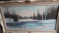 Vintage Winter Lake Painting