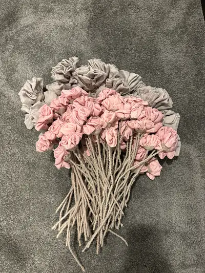 Fabric flowers. grey and pink., View more