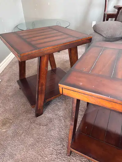 Pair of Rustic Wood End Tables / Side Tables with Bottom Shelf, View more