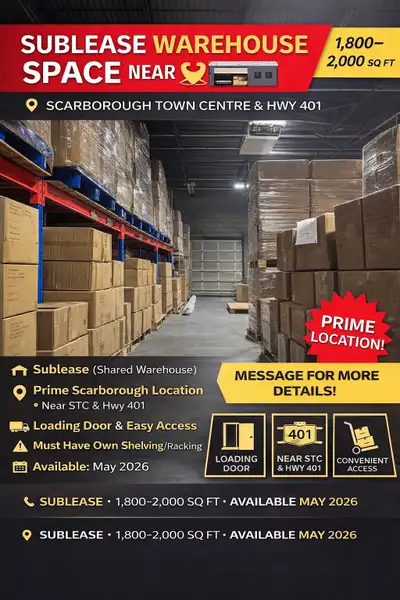 • Type: Sublease (Shared Warehouse) • Size: Approx. 1,800–2,000 sq ft • Location: Near Scarborough T...
