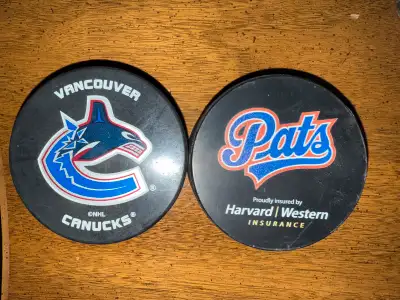 2 Hockey Pucks:”Vancouver Canucks” & “Regina Pats”, View more
