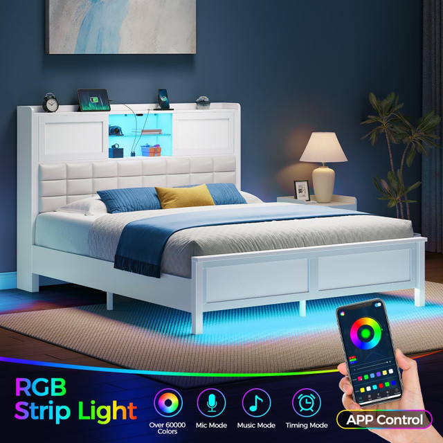 Rolanstar Bed Frame Queen Size with Charging Station, Bookcase in Beds & Mattresses in Brantford