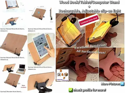 ✴️ NicePro Wooden Book/Tablet/Computer Stand+Rechargable Light, View more
