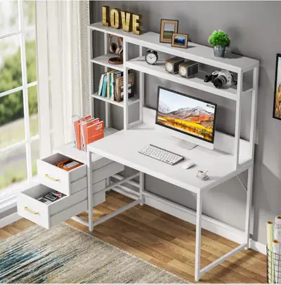 White Computer Desk with Hutch and Drawers, View more