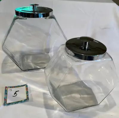 Two Large Vintage  Glass Hexagonal Cannisters, View more