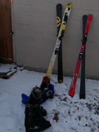 Downhill skis, boots and poles