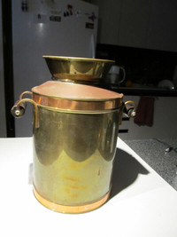 13" high vintage copper & brass milk can with wood handles.