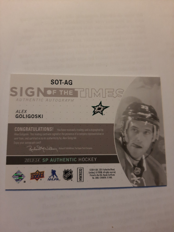 Alex Goligoski 2013-14 SP Authentic - Sign of the Times #SOT-AG in Arts & Collectibles in Oakville / Halton Region - Image 2