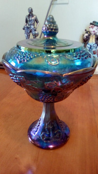 Indiana Harvest Grape Carnival Glass Iridescent Blue Candy Dish