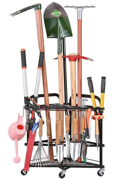 Brand new PLKOW Garden Tool Organizer with Wheels and Storage Hooks, Rolling Corner Tool Storage Rac...