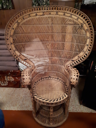 Vintage Woven Rattan/Wicker Emmanuelle Style Royal Peacock Arm Chair. Sit Like A Queen. Green Cushio...