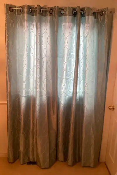 Curtains 2 panels Grommet top header 54” x 84” In good condition Turquoise colour Raw silk look $30...