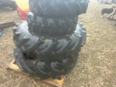 Almost new bkt tractor tires 13.6 x 28 rear and 9.5x 16 good year R1 tires on Kubota 8 bolt rims tha...