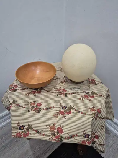 Vintage Decorative Ostrich Egg & Signed Wood Bowl Set, View more