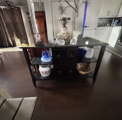 Dark Wood Console Table with Shelves and Drawers, View more
