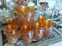 Stunning Large Marigold Carnival Glass Picture And Tumbler Set