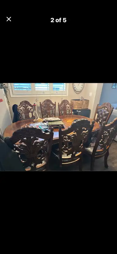 First come first serve Dining table 7 chairs ( 2 arm chairs ) all needs some work Leather is tearing...