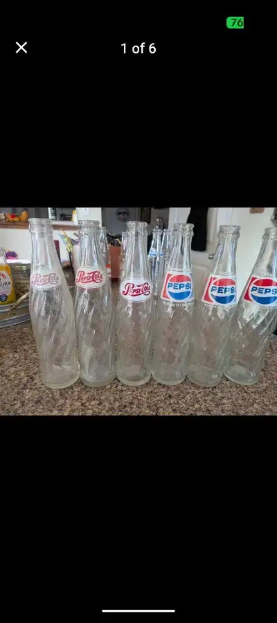 Glass Pepsi bottles, all 6 for $75 Cash only, pick up only. Millwoods T6K. Downsizing - check my oth...