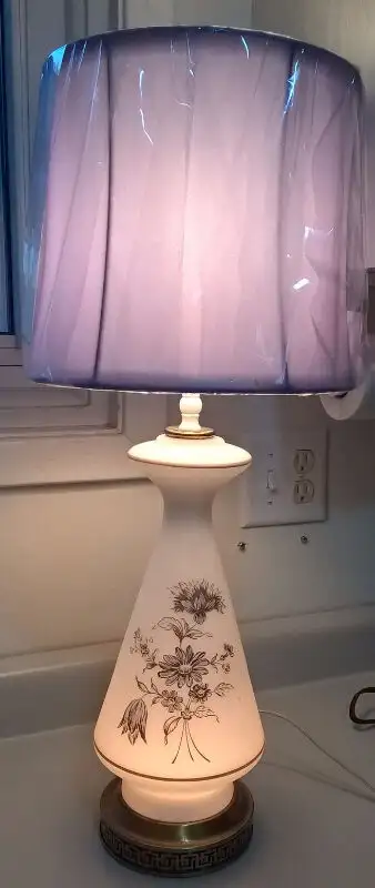 Vintage White Milk Glass Lamp with Purple Flowers & Purple Shade, View more