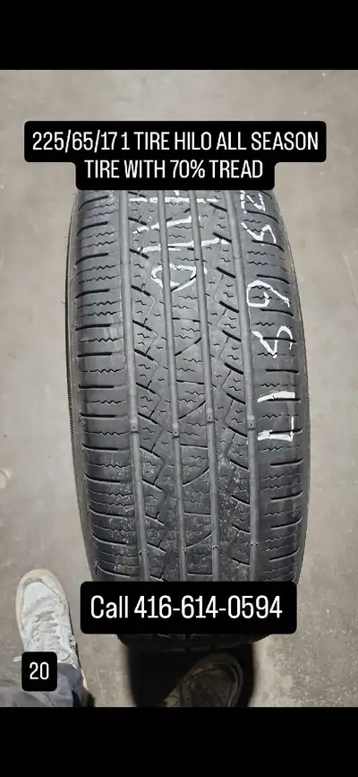 I'm selling a used Hilo all-season tire, size 225/65/17, with approximately 70% tread remaining, off...